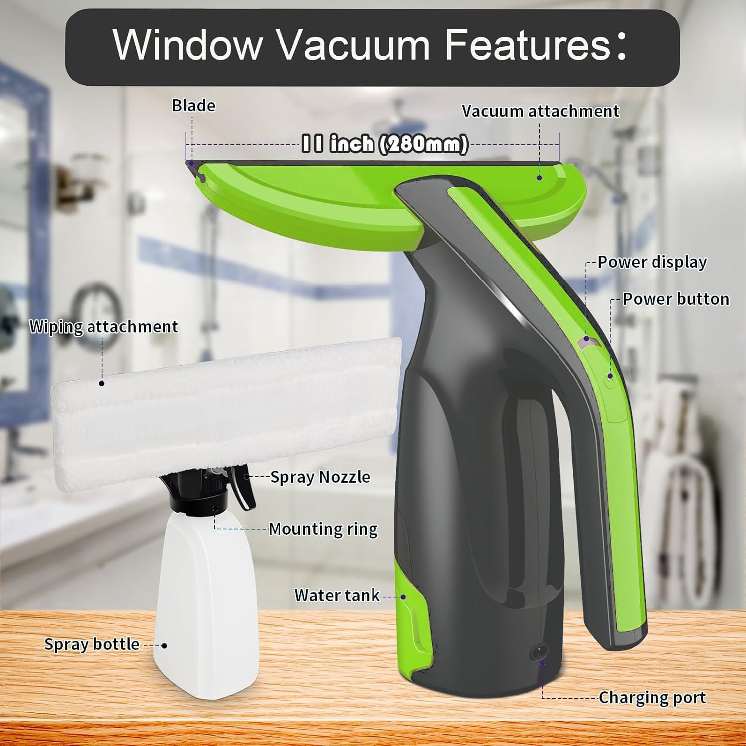 Fensterabzieher kabellos, 27,9 cm, wiederaufladbarer Fenstersauger mit Sprühflasche, elektrischer Abzieher für Fenster, Fliesen, Spiegel, 200 ml Wassertank