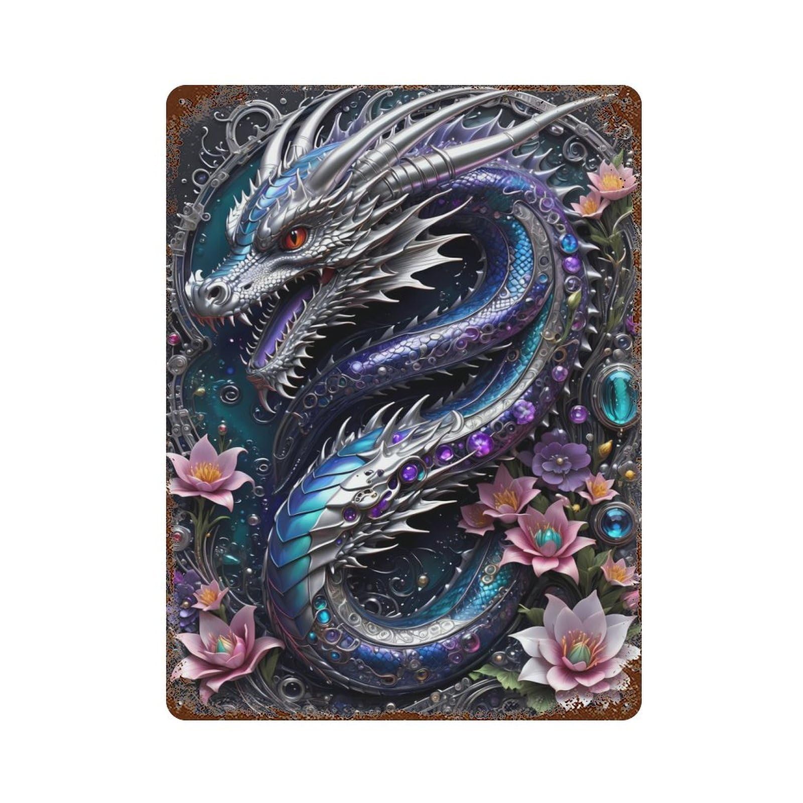 Aged Metal Wall Plaque with Galactic Dragon Chronicles Design 15.7"x11.8", for Farmhouse, Kitchen And Entryway Decor, Retro Wall Decor