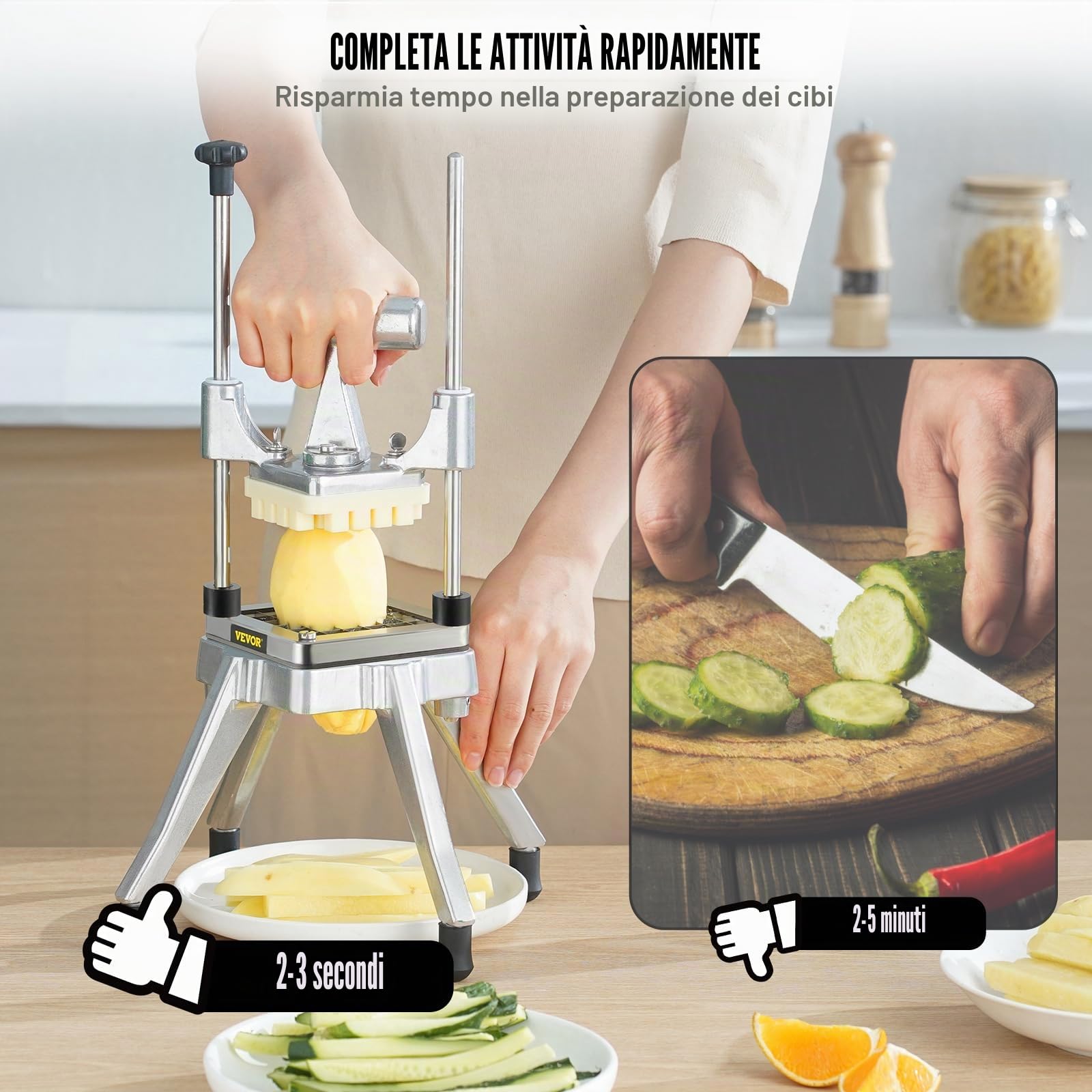 VEVOR Tritatutto Manuale Taglierina Manuale Patatine Verdure Frutta Lame in Acciaio Inox da 1/2" 1/4" 3/8", Tritatutto Commerciale Taglierina per Bastoncini Alimenti Frutta Verdure Manico Ergonomico