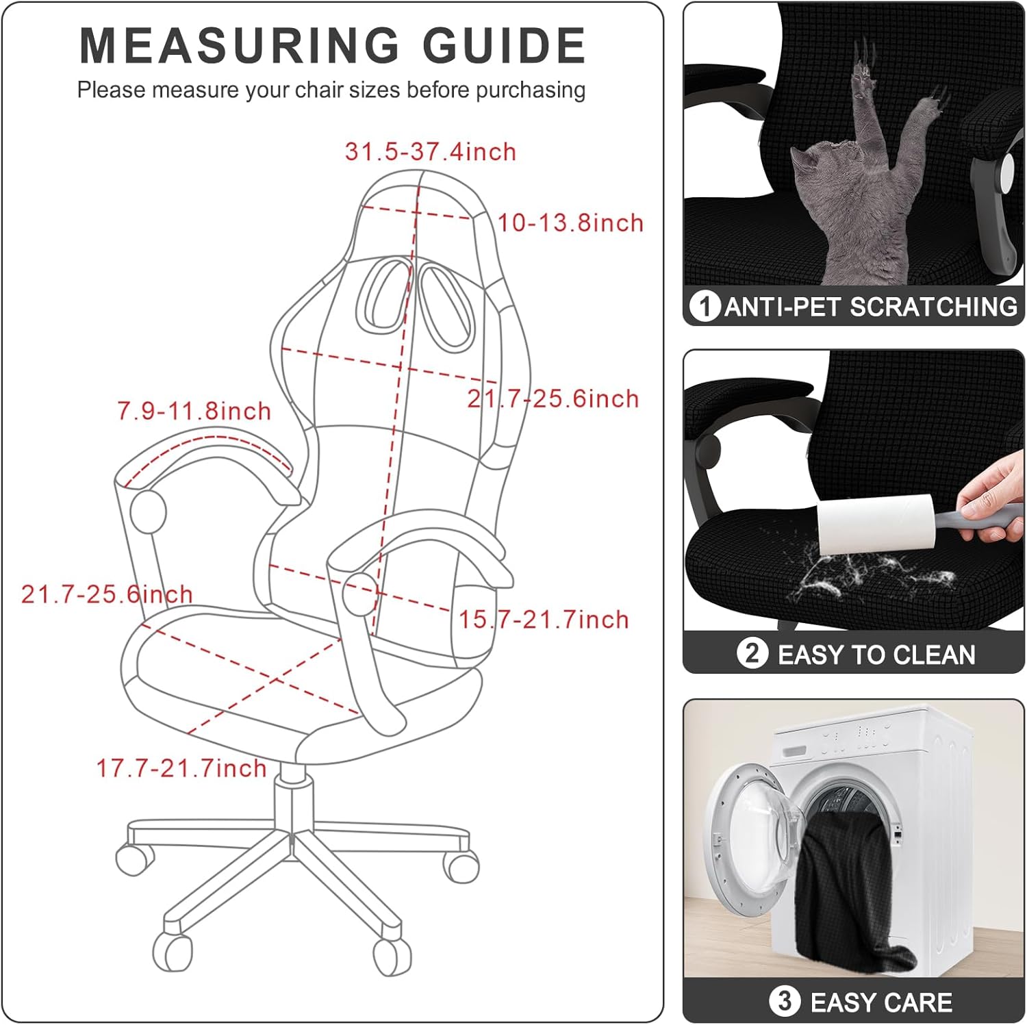 Gaming Chair Cover Waterproof Cat Scratch Proof , Stretch Gaming Chair Seat Cover with Armrest Breathable for Big and Tall, Anti Scratch Pet Resistant Guard for Reclining Racing Game Chair - Black