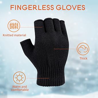 Black Fingerless Knitted Gloves for Men, Women & Kids - Thermal Winter Half Finger Gloves, One Size