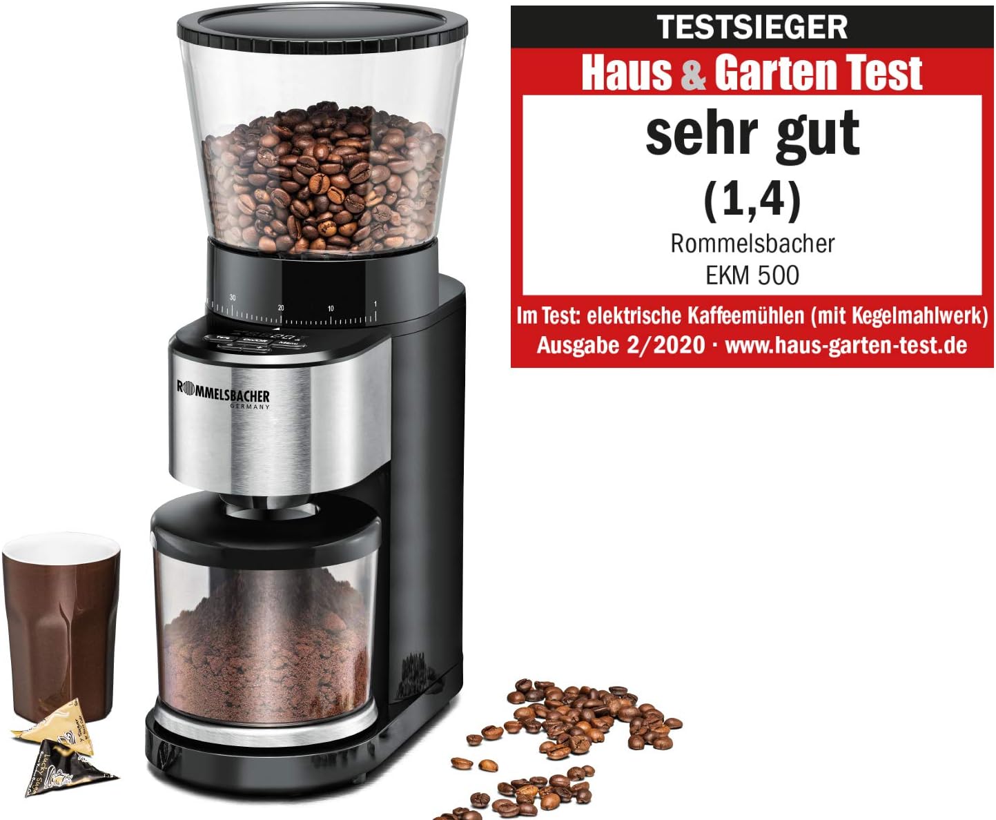ROMMELSBACHER Kaffeemühle EKM 500 - Kegelmahlwerk Präzisions-Waage Halterung für Siebträger Mahlgrad in 39 Stufen 5 F...
