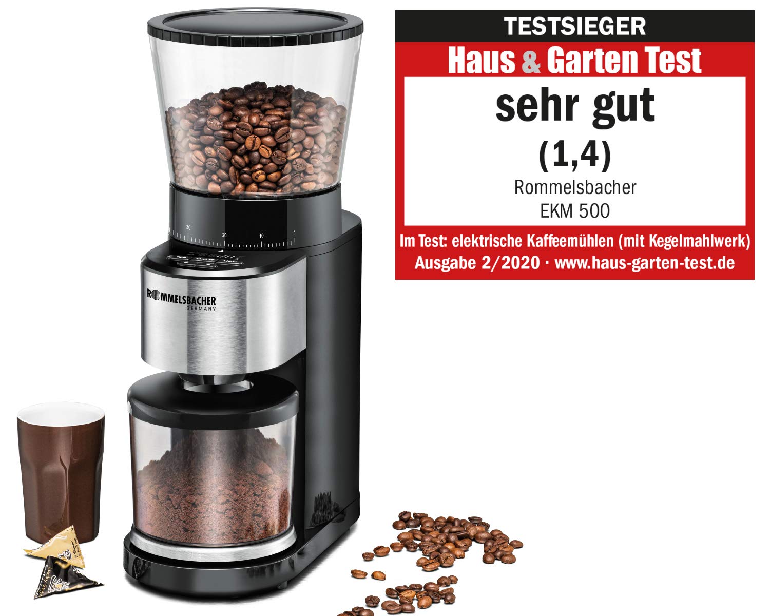ROMMELSBACHER Kaffeemühle EKM 500 - Kegelmahlwerk, Präzisions-Waage, Halterung für Siebträger, Mahlgrad in 39 Stufen, 5 Funktionstasten für individuelle und flexible Nutzung, Schwarz/Edelstahl
