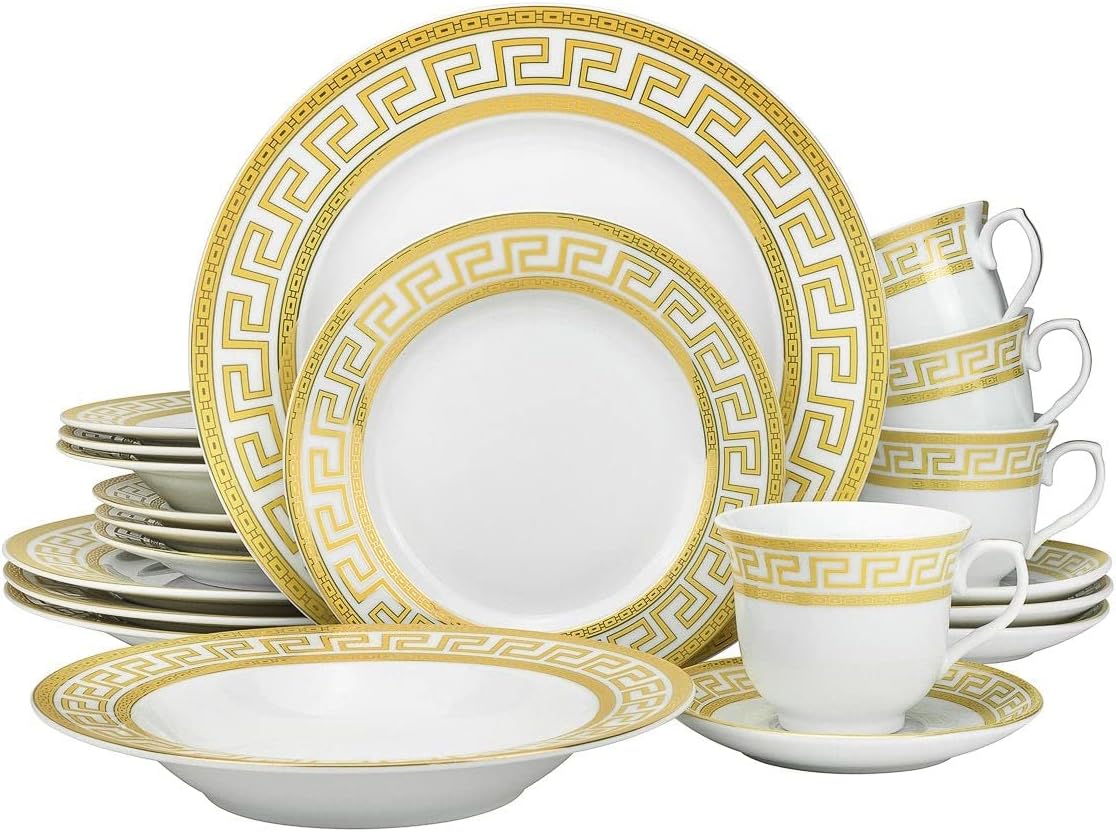 Gold and White Dinnerware Set - 20 Piece Service for 4 Fine Porcelain For Every Day and Formal Occasions with cups and saucers