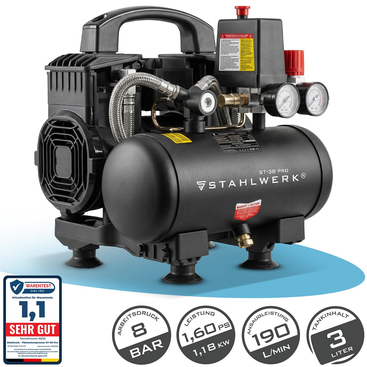 STAHLWERK Kompressor mit 3 L Tank (ST-38 Pro) – ölfrei & leise, 8 bar, 1,6 PS (1,18 kW), 190 l/min, 67 dB, Druckluftkompressor mit Brushless-Motoren, Silent-/Flüsterkompressor, Kolbenkompressor