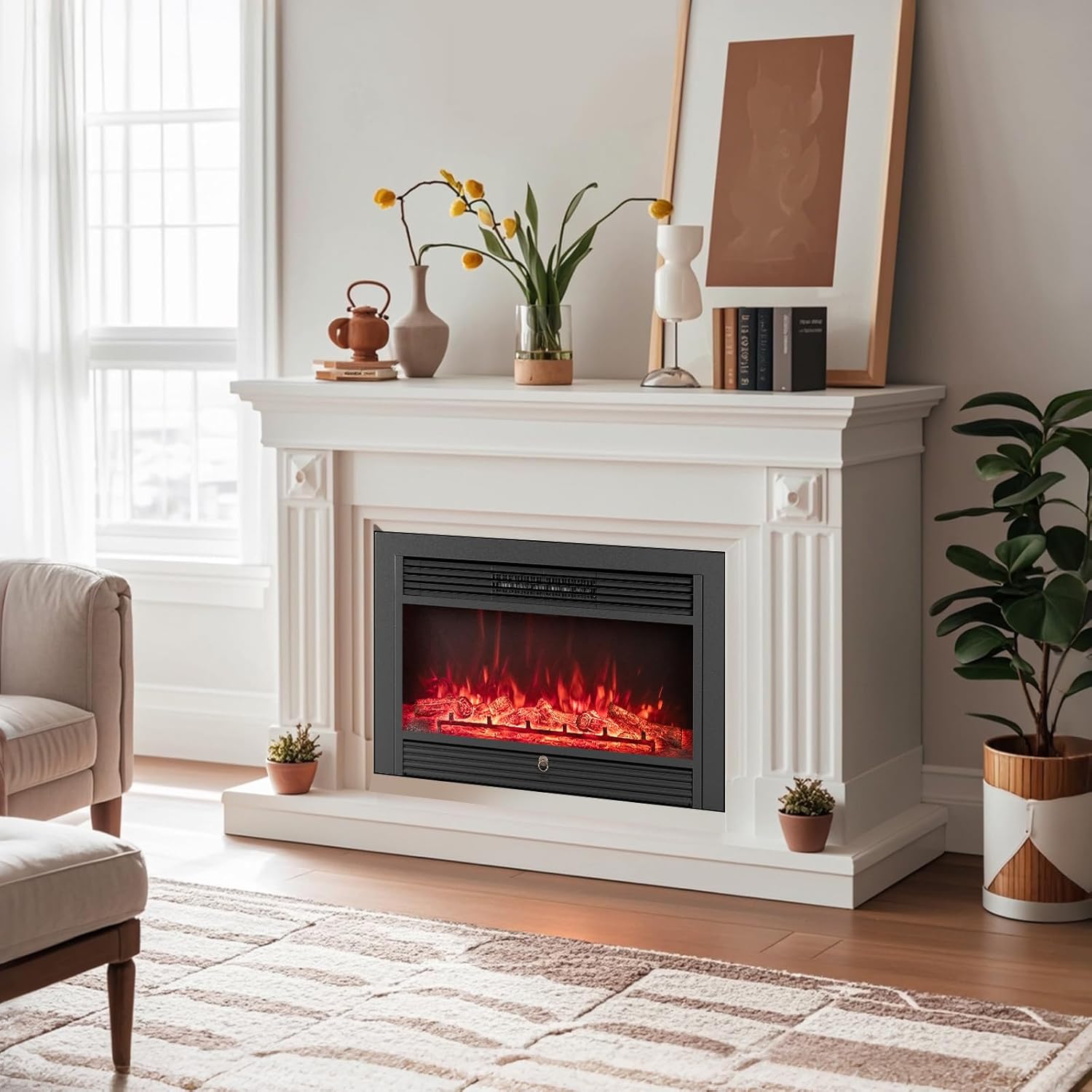 Tangkula 33 Inches Electric Fireplace Insert, 750W/1500W Recessed Fireplace Heater with Remote Control, 8H Timer, Overheat Protection, Adjustable Flame Colors and Brightness (33 inches)