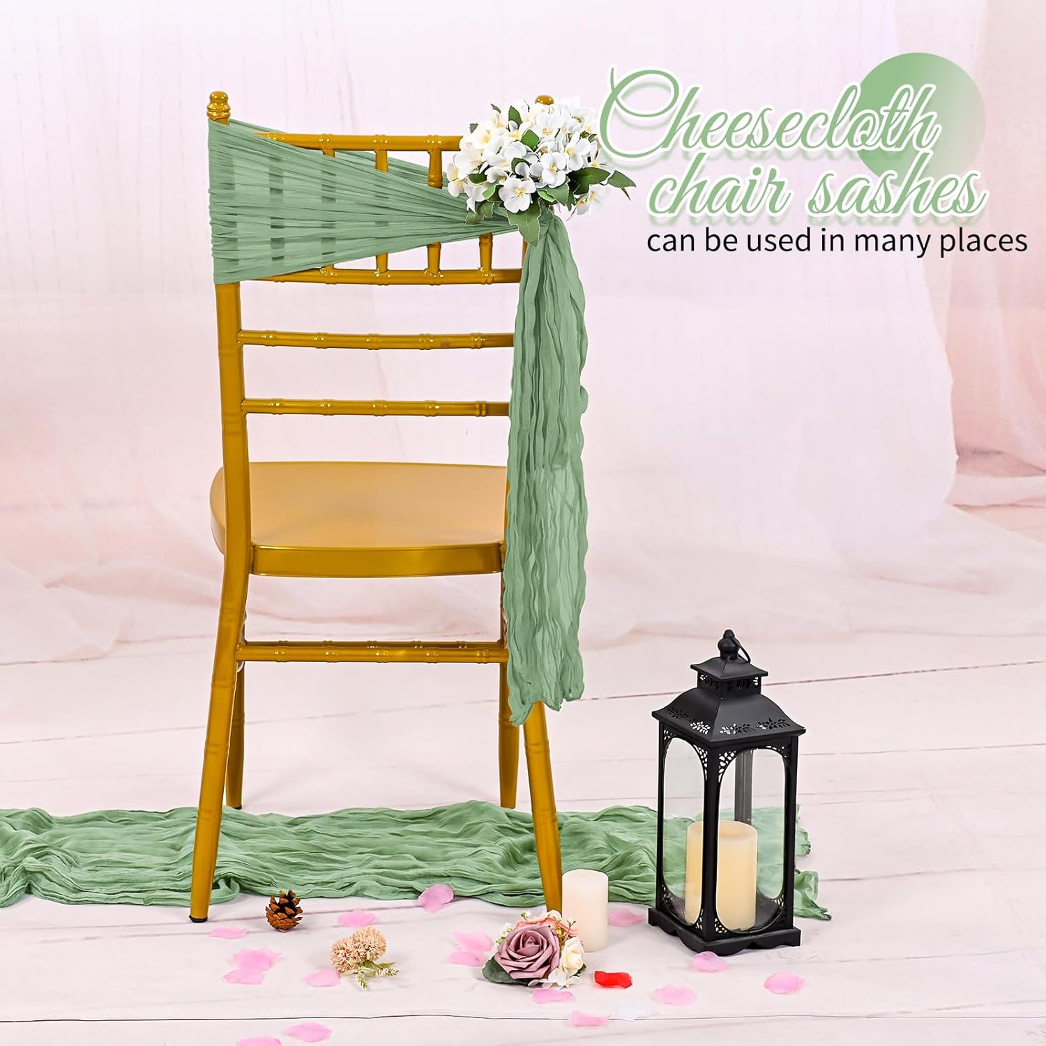 60 PCS Sage Green Chair Sashes Cheesecloth Sashes Rustic Chair Decorative Bows Designed ChairCover for Wedding Banquet Party Aisle Home Kitchen Decoration (16 x 70 inch)