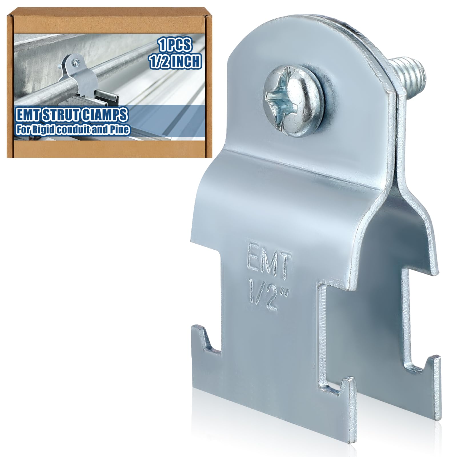 Landhoow Emt Pipe Universal Strut Clamps Strut Channel Accessory Electro Galvanized Conduit Clamp with Bolt and Nut, Rigid Pipe Tool(1/2 Inch,Silver,1 Pcs)