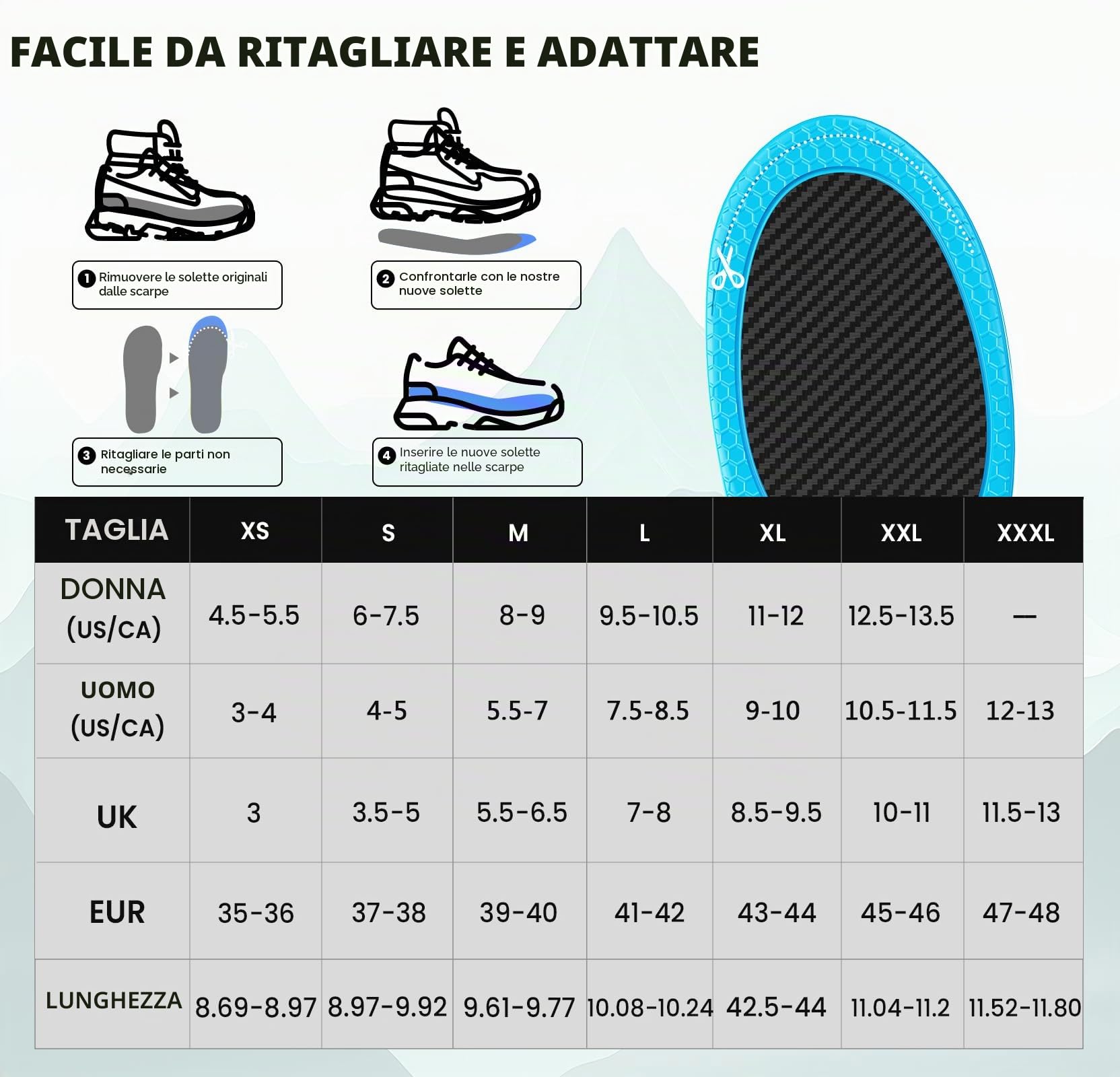 Solette Sportive in Fibra di Carbonio con Supporto Arco Plantare - Welnove Soletta per scarponi da trekking e sport outdoor - Supporto rigido per alluce valgo, alluce rigido, solette per scarponi da