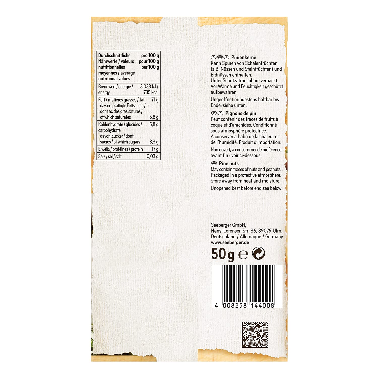 Seeberger Milde Pinienkerne: Handverlesene, zarte Pinienkerne - mild-nussiges Aroma & cremiger Geschmack - naturbelassen, vegan (1 x 50 g)