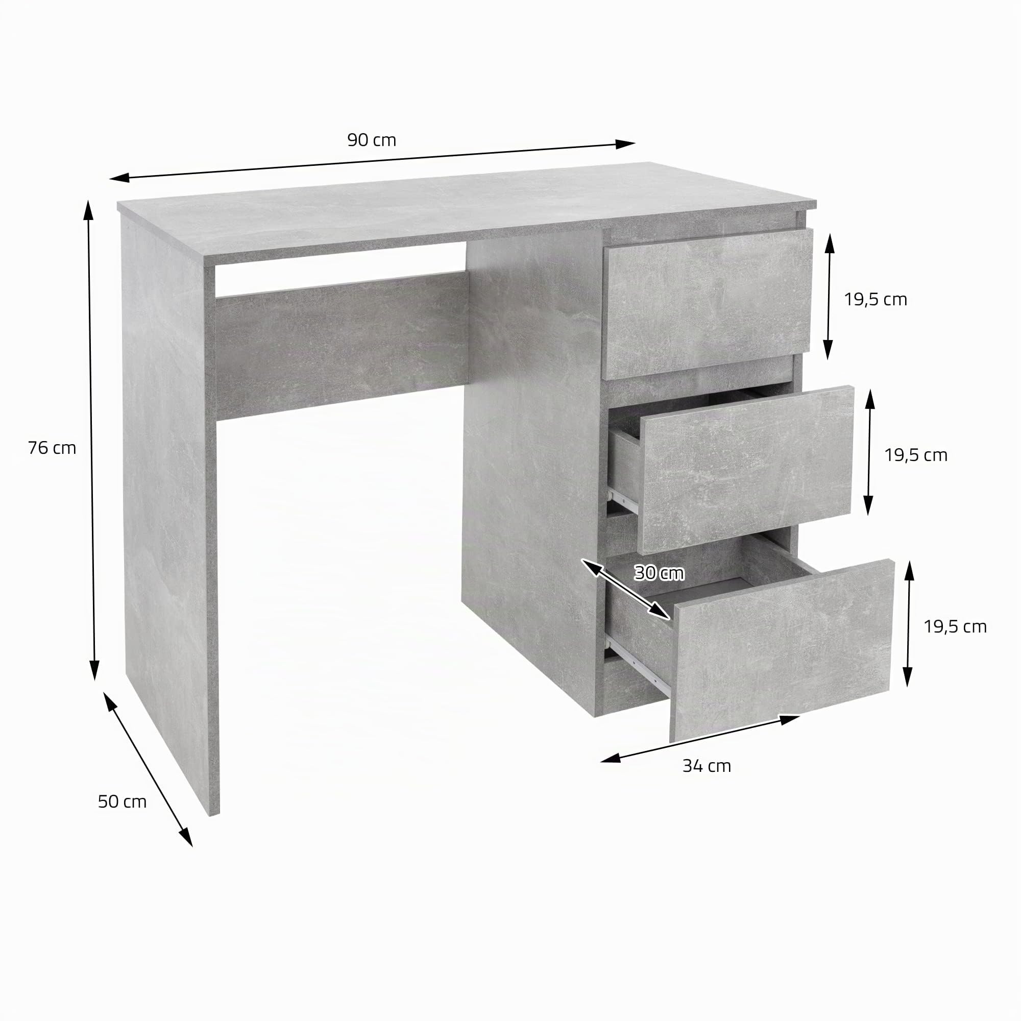 ML-Design Scrivania Con 3 Cassetti 90x76x50 cm Grigio Look Cemento Pannelli MDF Scrivania Da Lavoro Moderno Semplice Elegante Solido Tavolo Per Laptop PC Per Casa E Ufficio Archiviazione