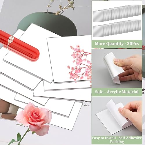 Miniatura 4 de ROADPLUM 30 piezas de azulejos de espejo acrílicos autoadhesivos, 3 pulgadas, cuadrados de alta definición, pequeños azulejos de espejo para