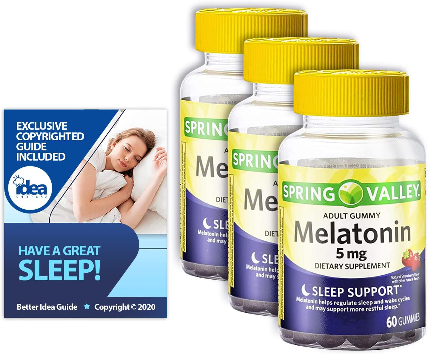 Melatonin Adult Gummies, Sleep Support by Spring Valley, 5 mg, 60 Ct (3 Pack) + “Have a Great Sleep - Better Idea Guide©”