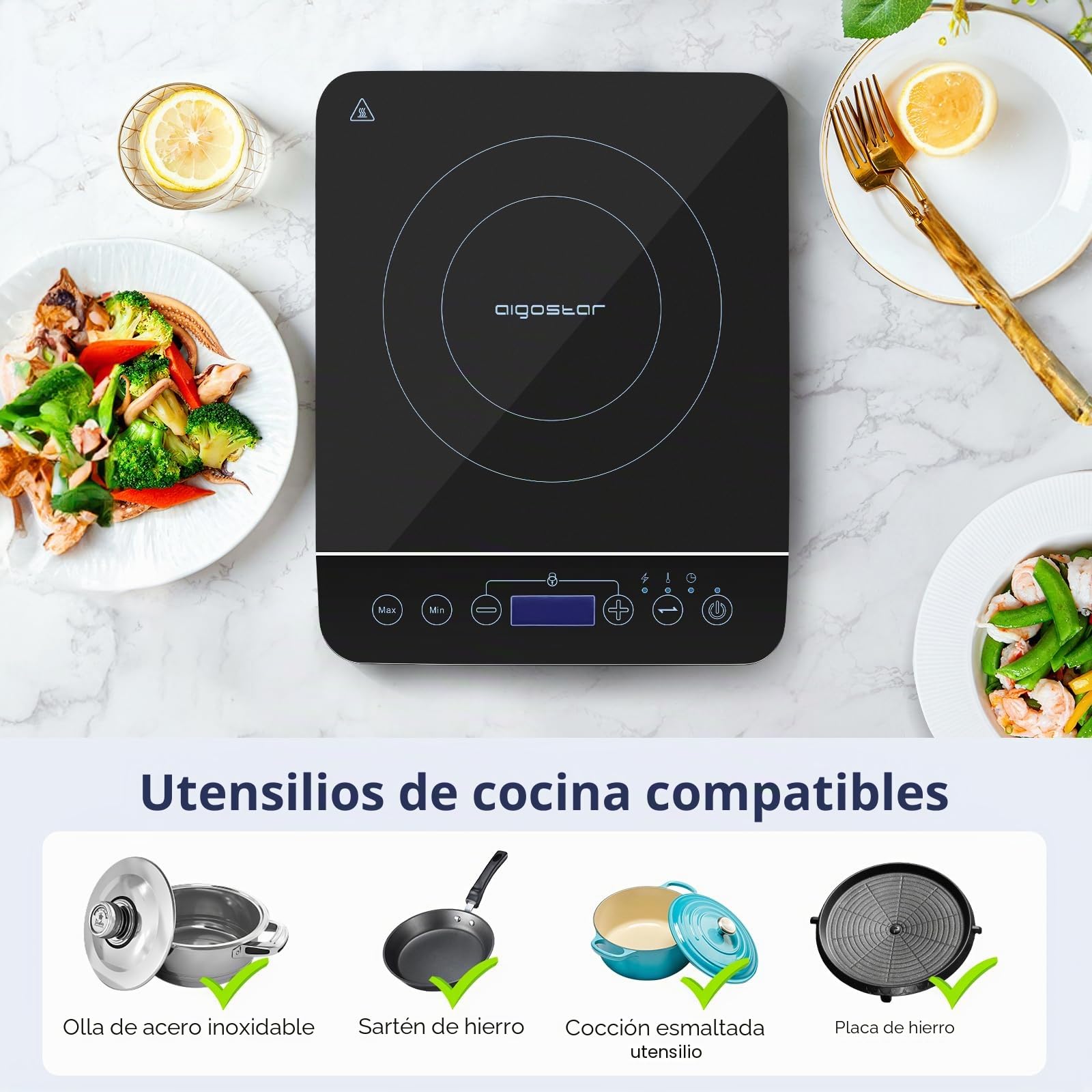 Aigostar BlueFire 30PKZ- Placa de inducción portátil, 2000 W, control táctil, 10 niveles de potencia, temporizador, pantalla digital LED. Para recipientes entre 13 y 24 cm diámetro.