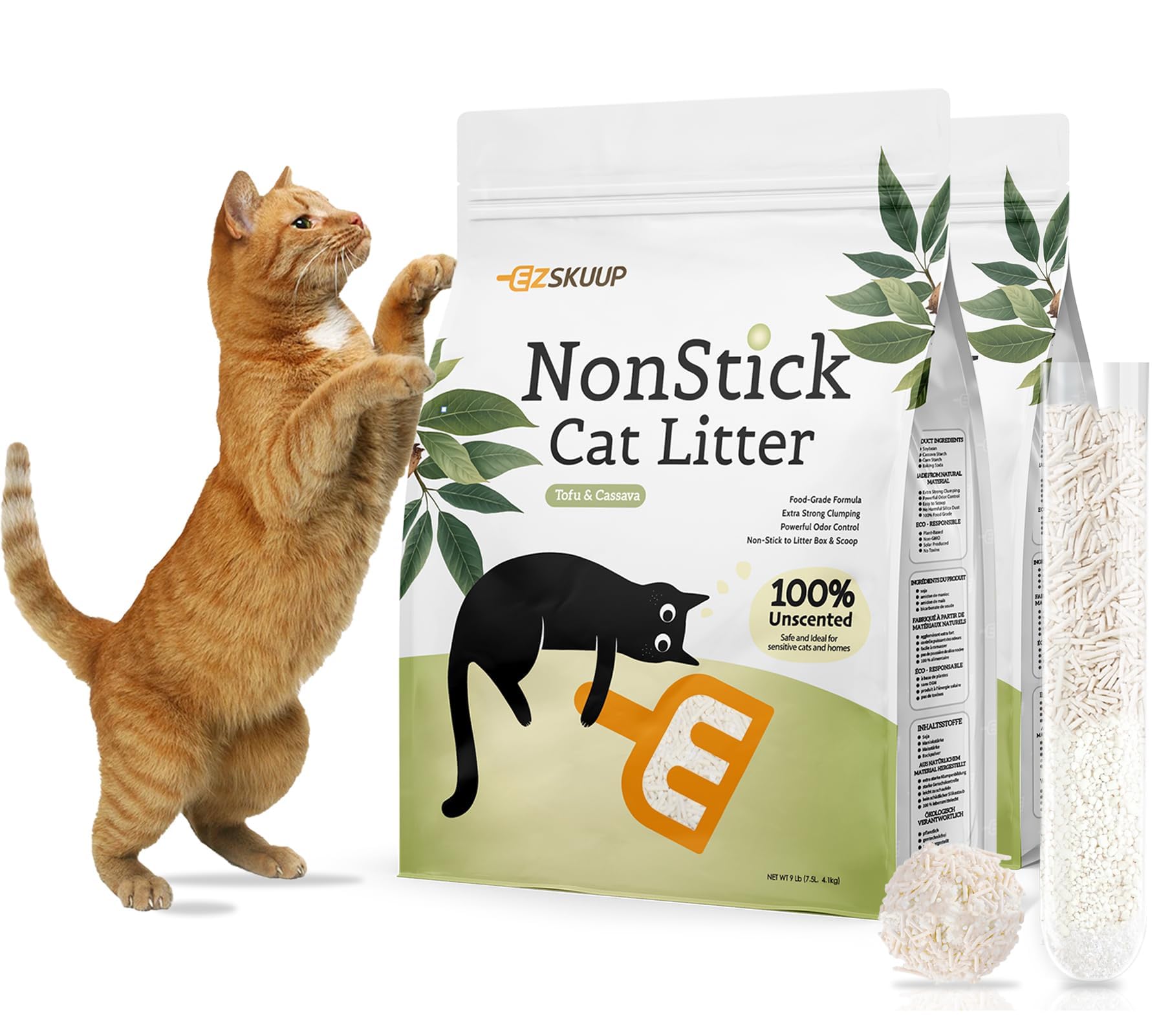 Antihaftende Ultraklumpende Cassava & Tofu Katzenstreu Klumpstreu, Geruchskontrolle Geringer Austrag Klumpstreu für Katzen, Pflanzen-basierte Natürliche Zutaten katzensand, 4.1kg X 2 Packungen