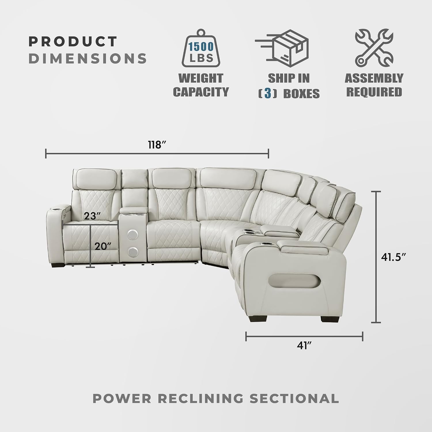 Lexicon 118" Power Reclining Sectional Sofa, Wall Hugger, 2 Recliner Seats, 2 Storage Arms, 2 Console Cup Holders, Power Headrests, Charging Ports, Wireless Speakers, LED Lighting, Faux Leather Taupe