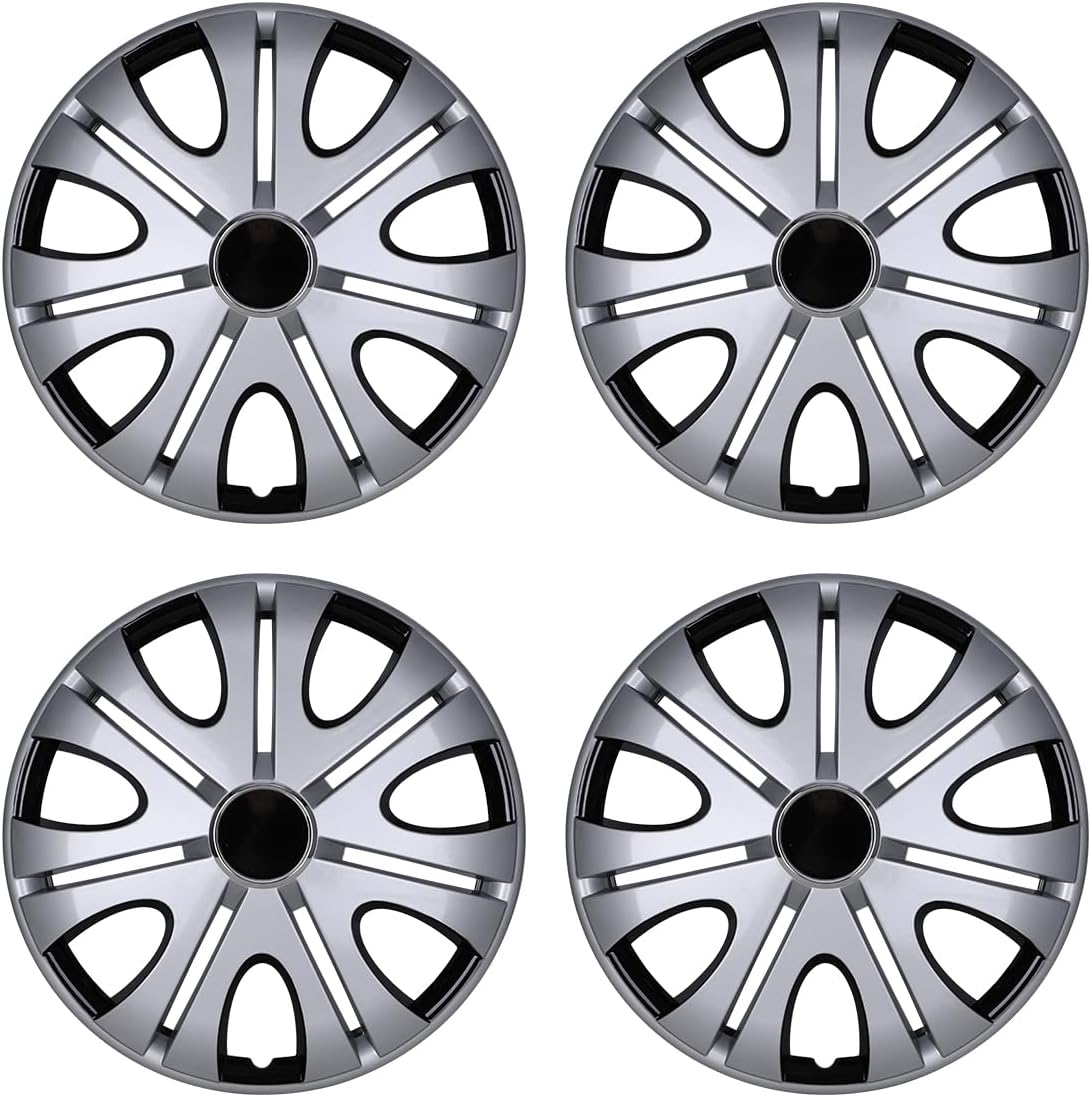 14 Inch Hubcaps Set of 4 Wheel Rim Cover Universal R14 Hub Caps, Snap On Car Pickup Truck SUV, Wheel Covers, ABS Material, Silver & Black Lacquer