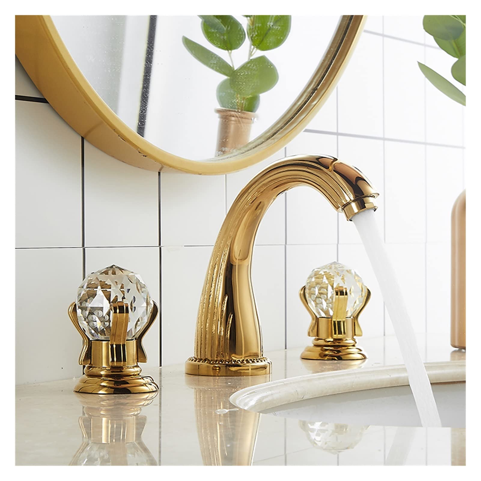Faucet de la Cuenca Gold Baño Fregadero Grifo 3 Orificio Mezclador DE Cubiertas SERVICIOSA Caliente Y FRÍO AMD Cristal Agua Tap DE Agua Nuevo(Gold)