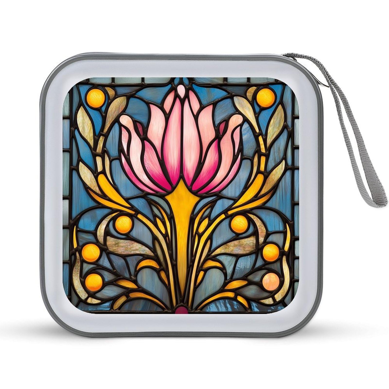 Jubonexis Stained Glass Stylized Pink Floral CD Case DVD Storage Case Portable for Car Home Travel