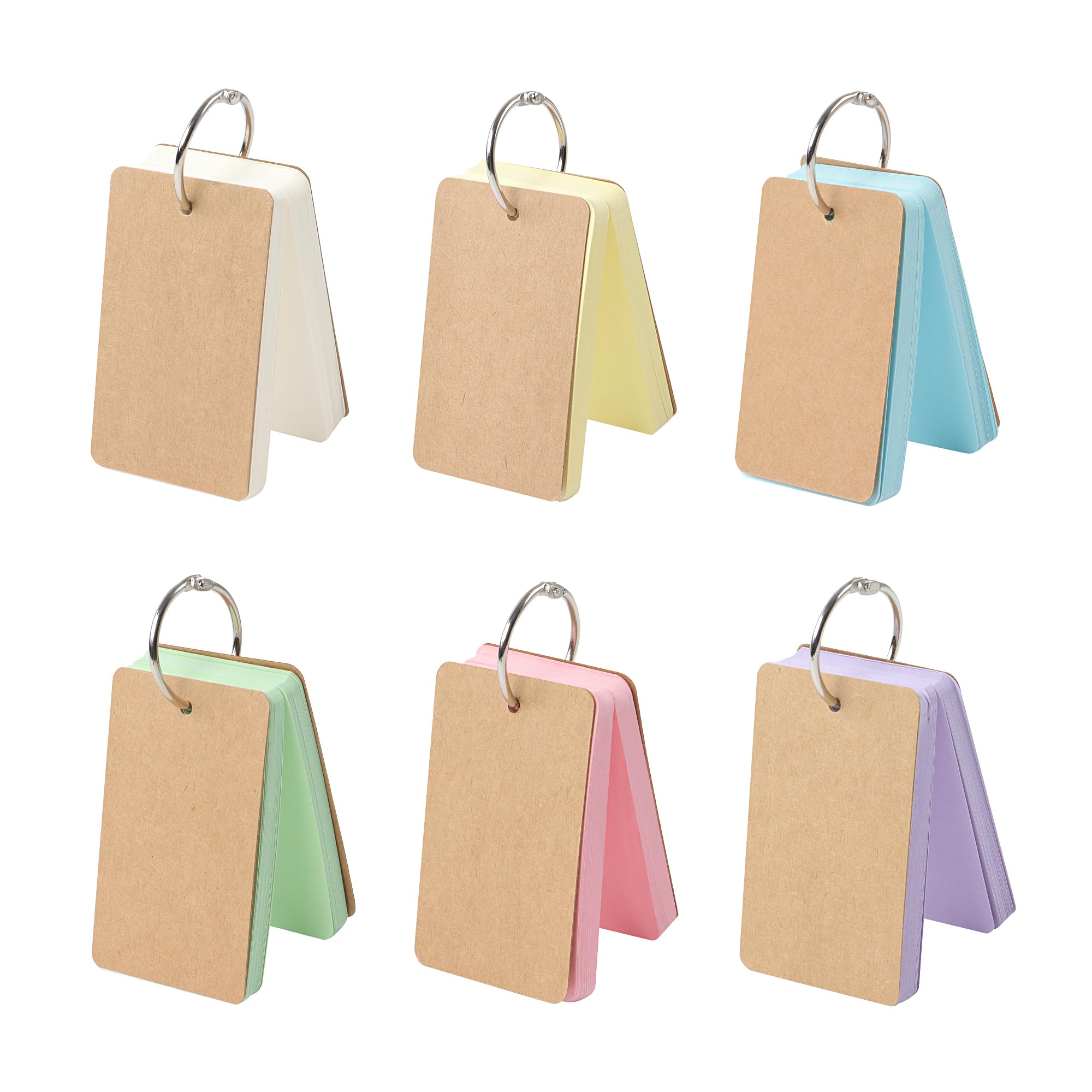 JUNART 300 Pcs Flash Cards with 6 Key Rings,5.4×9cm 6 Colours Portable Blank Index Cards with Kraft Cover for Daily Notes,Scrapbook,Shopping List,Travelling