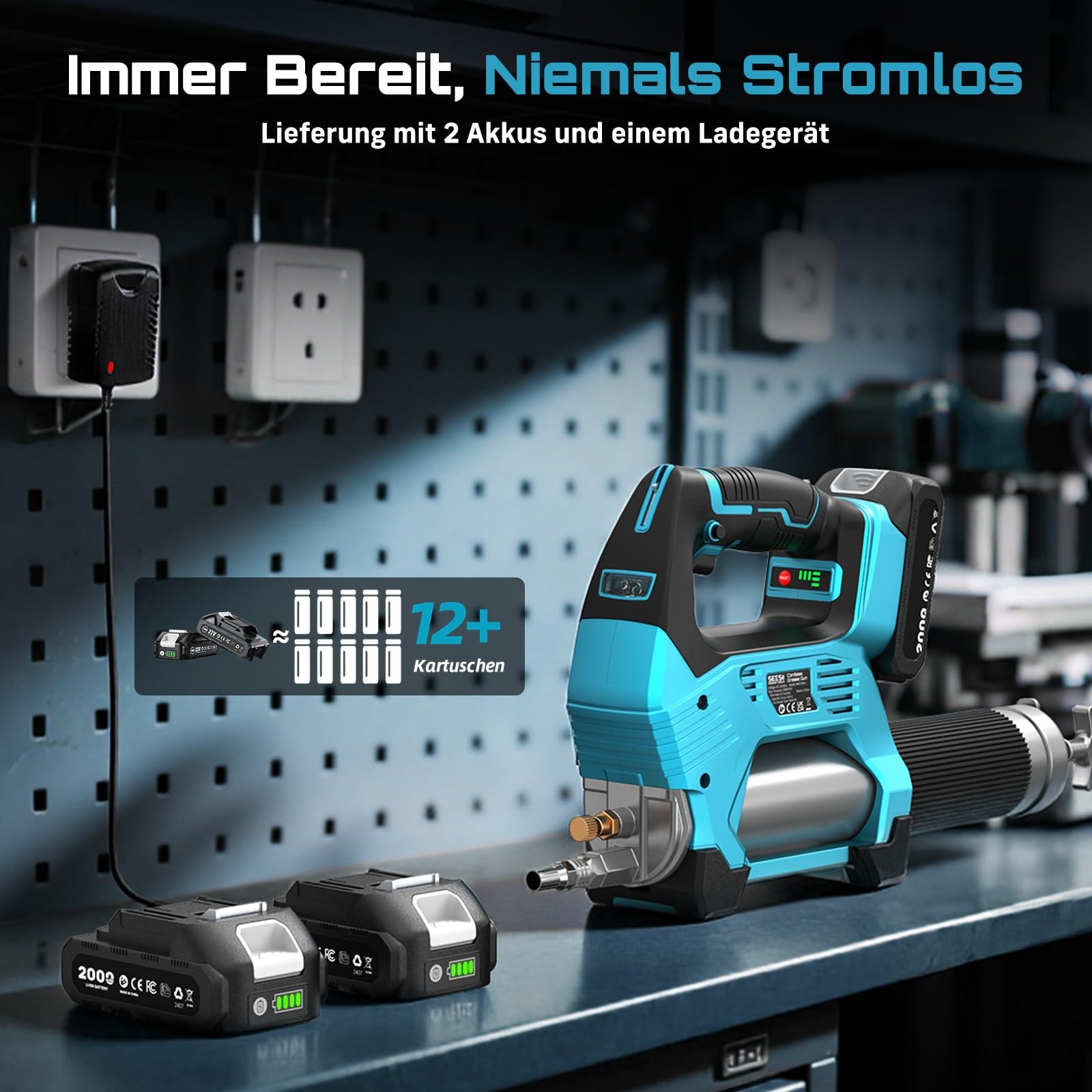 Seesii 12000PSI Akku Fettpresse Set mit 2 Akkus (und kompatibel mit Makita 18V Akku), 3 Geschwindigkeiten, Bürstenlosem Motor, 3 Mundstück, 1m langem Schlauch, 90-Grad-Adapter und LED-Leuchte