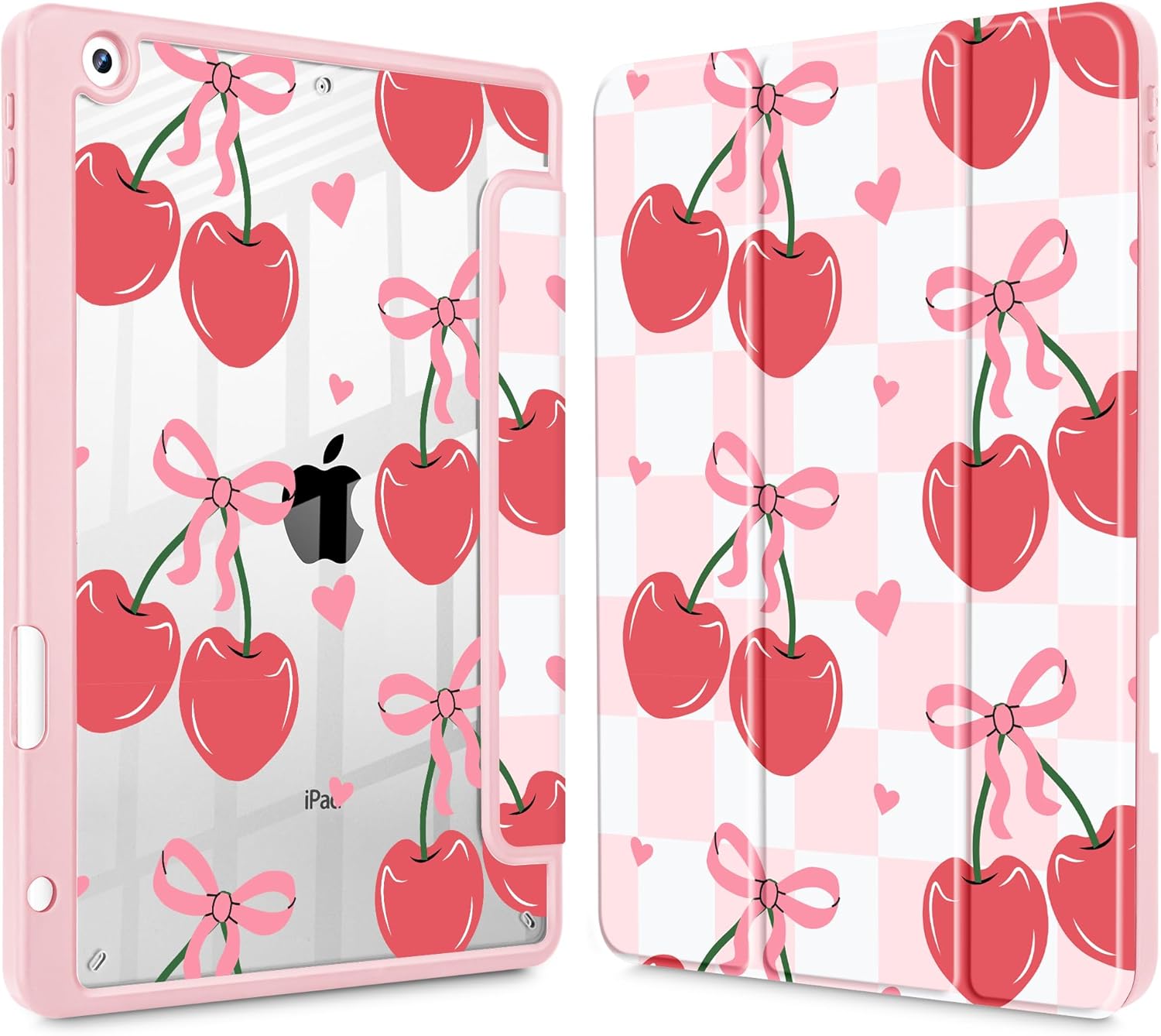 Mektron Printed Case for iPad 10.2 Inch, iPad 9th Gen 2021/8th Gen 2020/7th Gen 2019 Tablet Case, Buit in Pencil Holder with Shockproof Cover Clear Shell + Trifold Stand, Cherries Bows C353