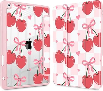 Mektron Printed Case for iPad 10.2 Inch, iPad 9th Gen 2021/8th Gen 2020/7th Gen 2019 Tablet Case, Buit in Pencil Holder with Shockproof Cover Clear Shell + Trifold Stand, Cherries Bows C353