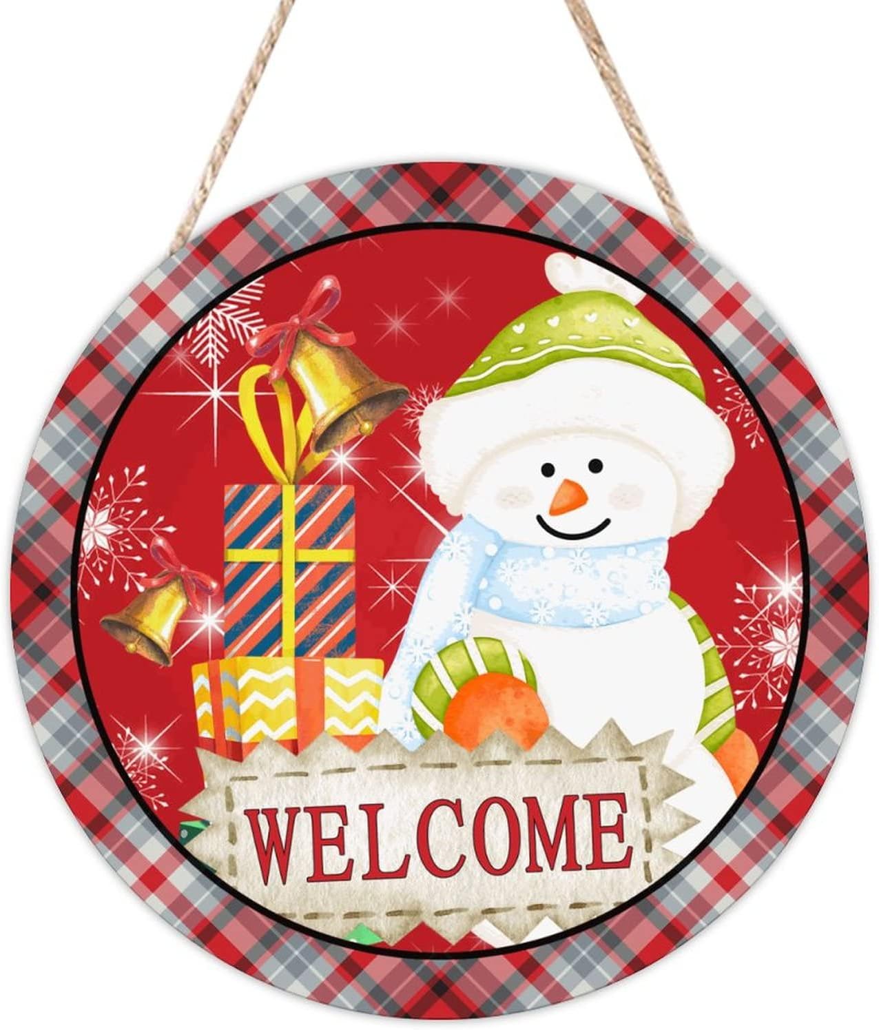 Snowman Welcome Wall Door Hanging Sign, Snowman Welcome Wood Door Sign, Snowflake 16x16in Welcome Front Door Sign for Front Door Farmhouse Porch Housewarming Gifts