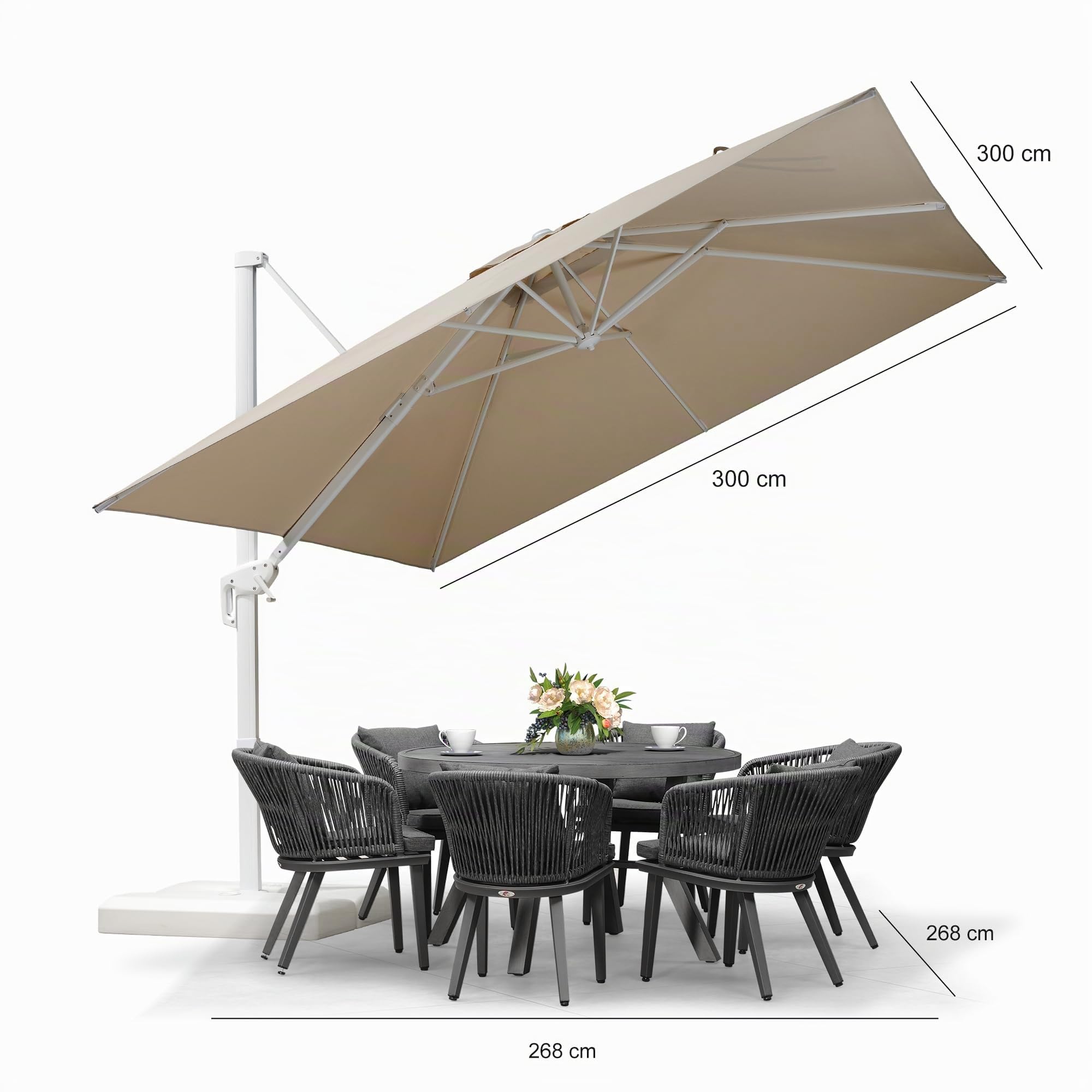 PURPLE LEAF Parasol Déporté 3 x 3 m Beige avec Mât Alu Blanc Pied Croix