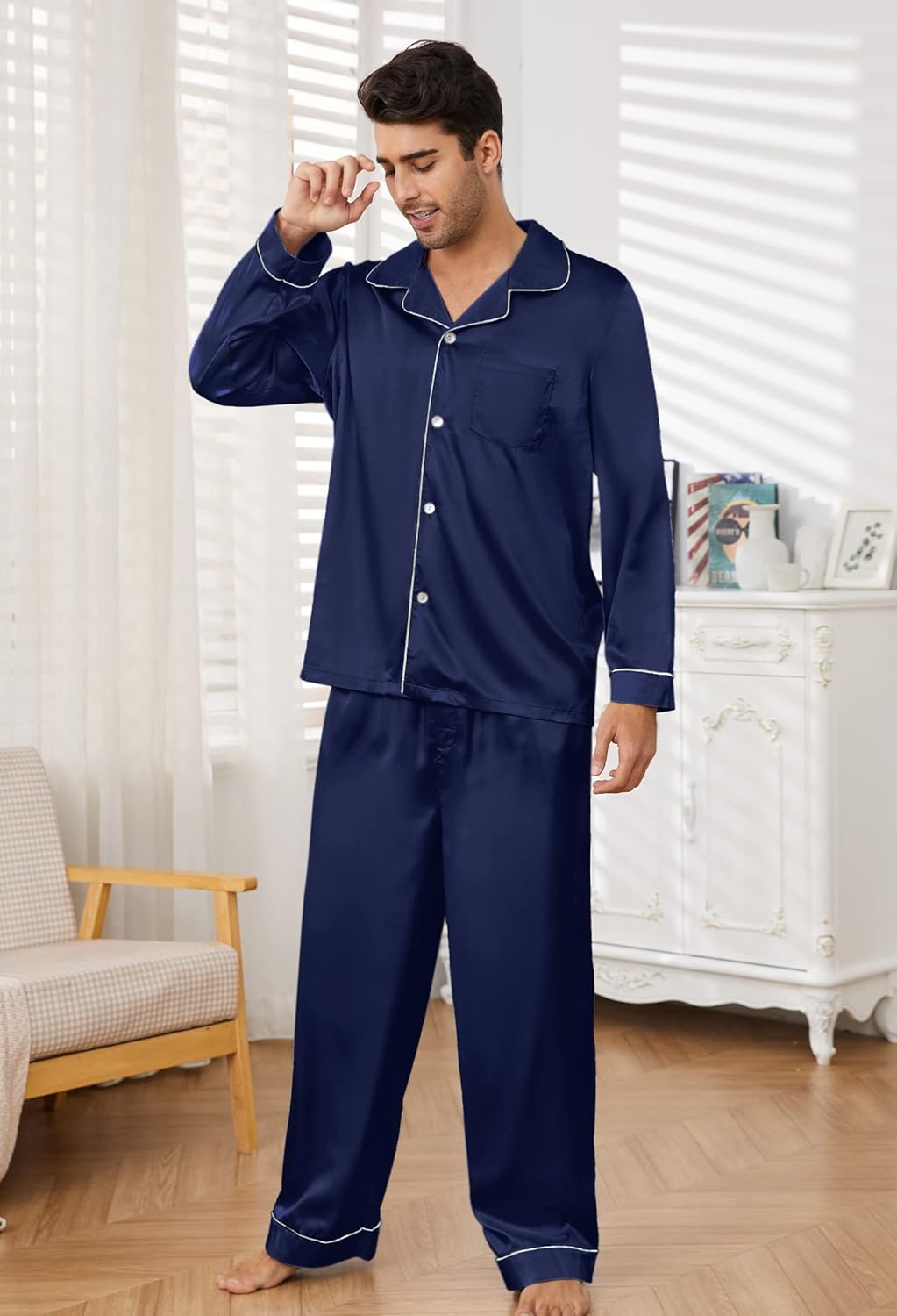 U2SKIIN Mens Silk Pajamas Set, Long Sleeve Satin Pajamas for Men Sleepwear Button Down Pjs Set Two-piece - Image 3