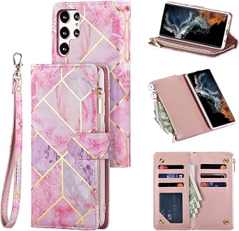 UEEBAI Wallet Case for Samsung Galaxy S26 Ultra 5G, PU Leather Wallet Magnetic Closure Handbag Zipper Pocket Cover Kickstand Card Slots with Hand Strap Marble Flip Case for Women - Pink&Purple