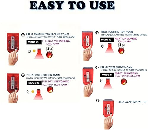 Miniatura 7 de Alarma solar de sonido y luz, sensor de movimiento, 110 decibeles, alarma de sonido de sirena y 6 LEDs de advertencia de flash, sistema de alarma de