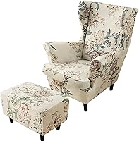 Vista 24 de HAOYONG Juego de Fundas Elásticas para Silla con Alas y Otomana, 2 Piezas de Funda para Silla Wingback y 1 Pieza de Funda Rectangular para Taburete