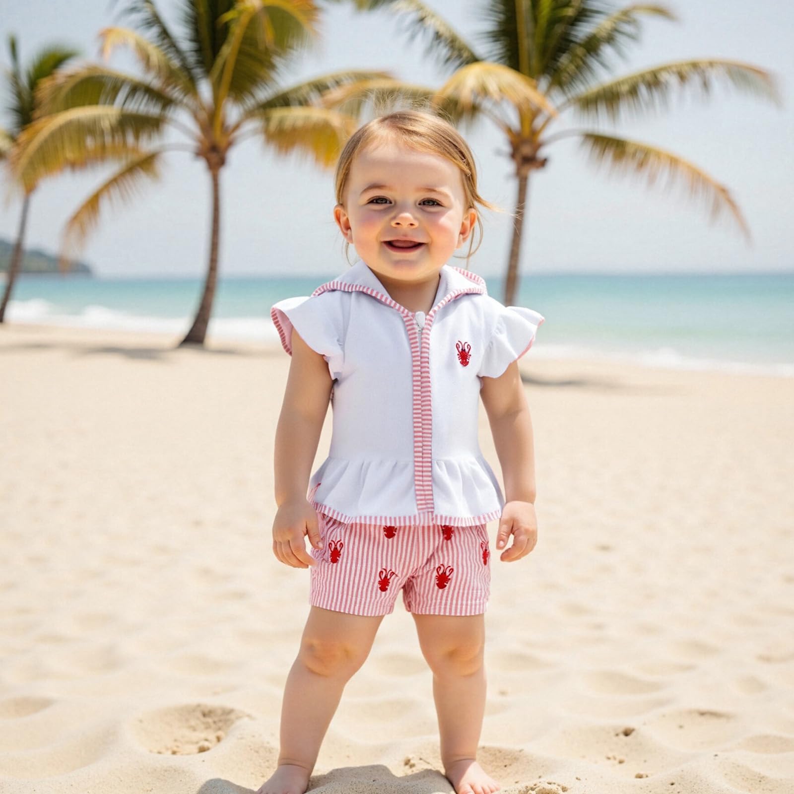 Gaono Kids Baby Girl Swim Cover Up Crayfish Ruffle Zipper Hooded Tops Striped Trunks Set Toddler Bathing Suit Beach Swimwear (Pink, 18-24 Months)