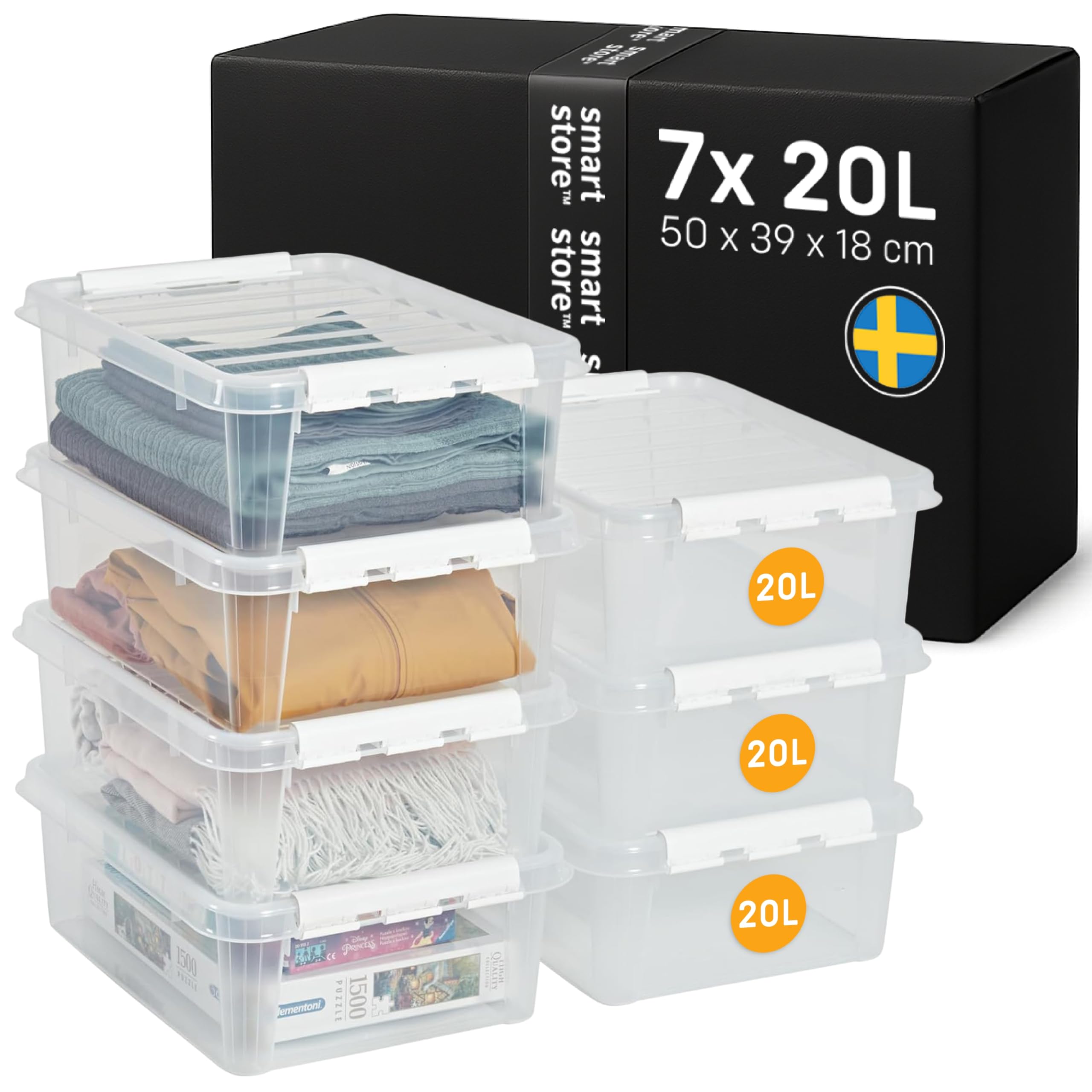 SmartStore cajas de almacenamiento de plástico de 20L con tapas - Juego de 7 - Apilables y encajables - Garantía de 10 Años - Seguras para Alimentos y sin BPA - Cierre con Clips L50 x An39 x Al18 cm