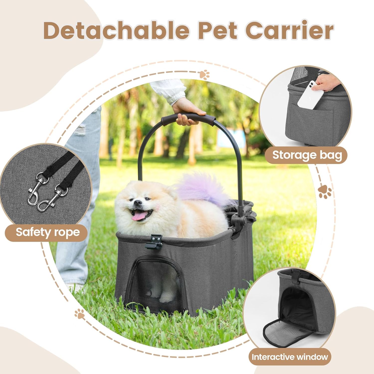 Wdyvko 3 in 1 Dog Stroller, Upgraded Frame, Up to 44lbs Pet Stroller with Dog Poop Bags & Dispenser, Zipperless Entry, Storage Basket & Pouch for Small Dogs Cats (Dark Grey)