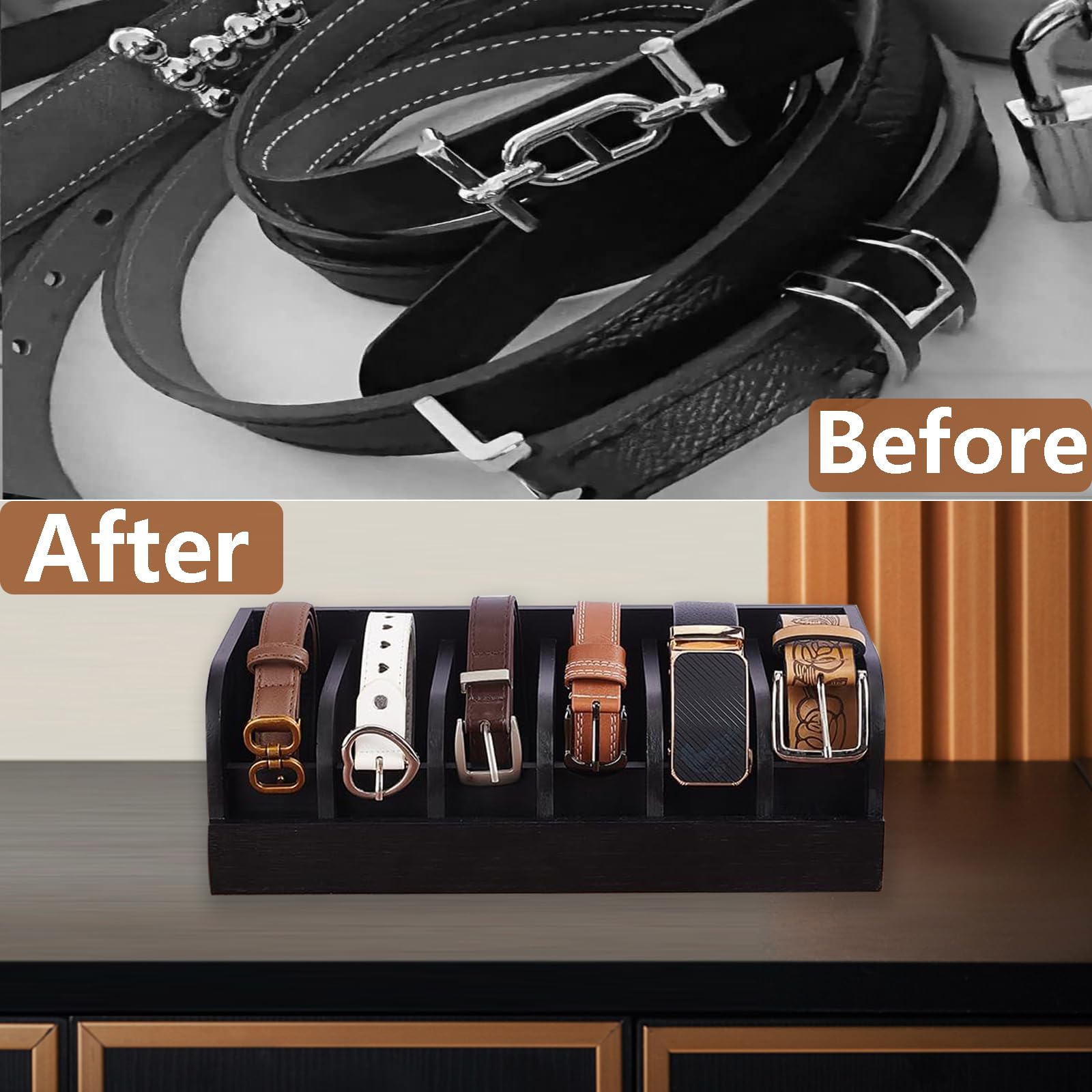 Cinturón de almacenamiento, organizador de cinturón de 6 compartimentos, vitrina de bambú para armario y cajón, organizador de cinturón para hombre y mujer para accesorios, relojes (negro)