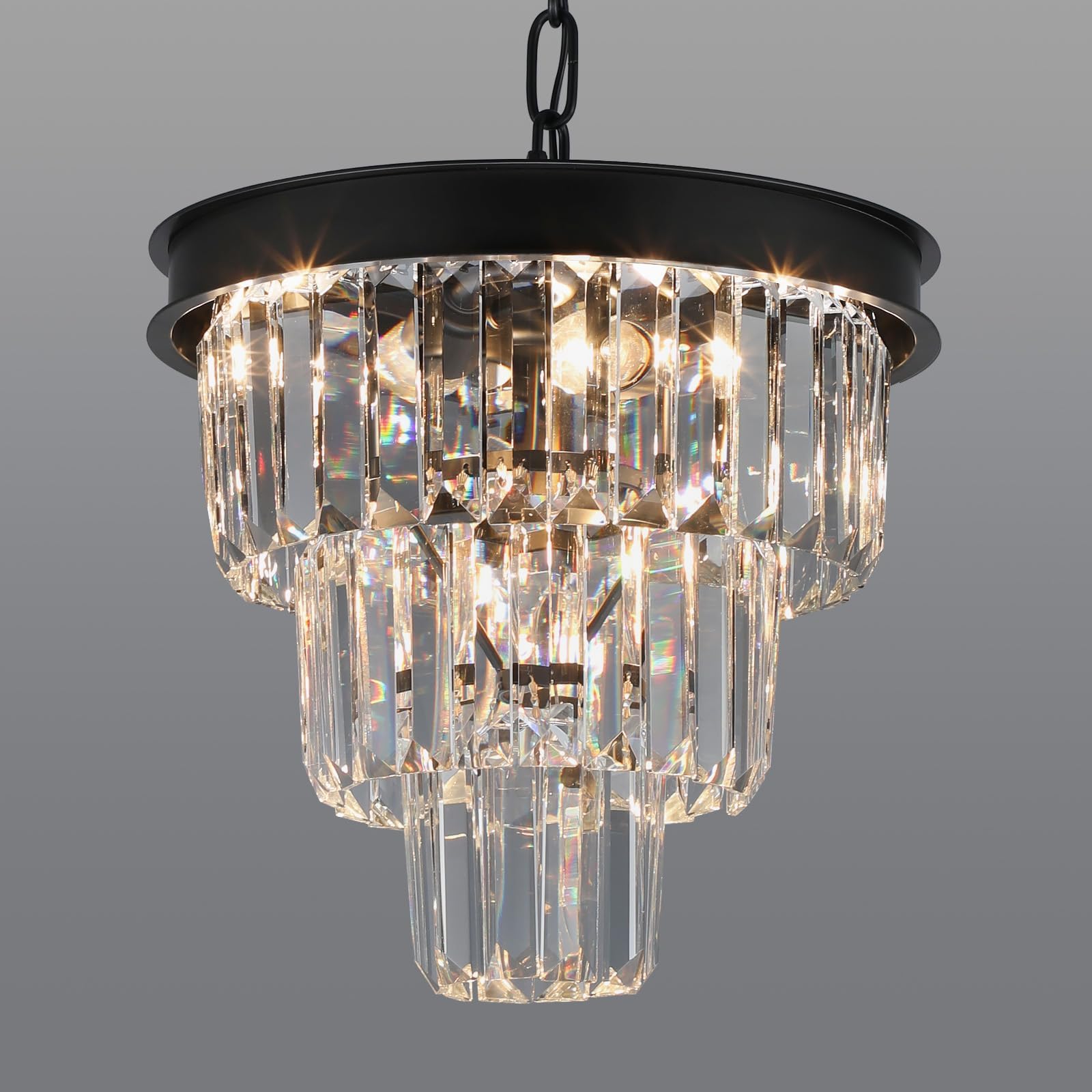 Weesalife Crystal Chandeliers for Dining Room Light Fixtures Over Table,4-Lights Modern Black Crystal Pendant Lighting Fixture,3 Tiers Small Chandeliers for Kitchen Island Bedroom Entryway D12 Inch