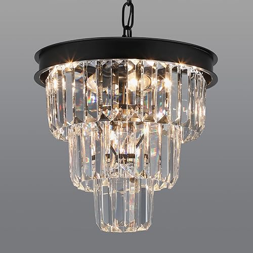 Crystal Chandeliers for Dining Room Light Fixtures Over Table，4-Lights Modern Black Crystal Pendant Lighting Fixture，3 Tiers Small Chandeliers for Kitchen Island Bedroom Entryway D12 Inch