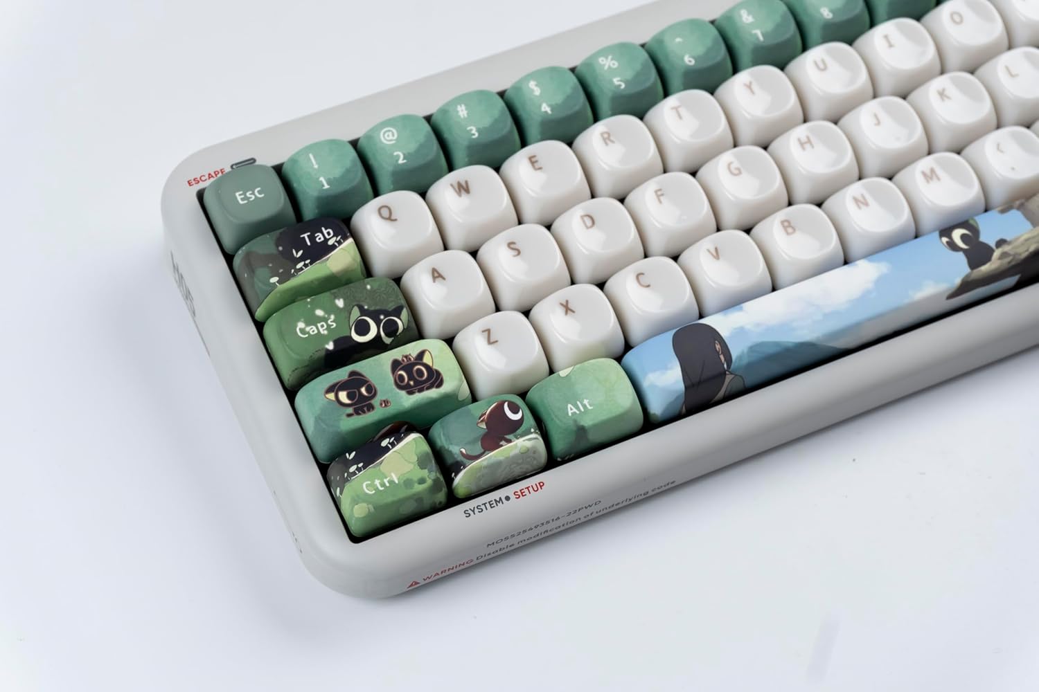 Cute PBT/PC Keycaps 140keys - Black Cat Theme Green and White Keycap - MOA Profile Dye Sublimation Custom Keycap Set for Cherry Gateron MX Switches Mechanical Keyboard