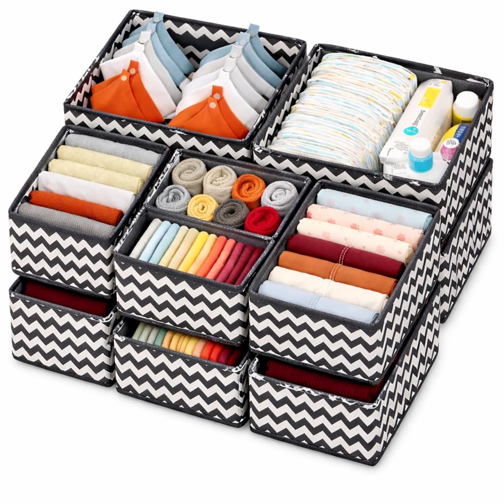 PulGos 12pcs Foldable Drawer Organizer | Closet Storage Bins | Cube Basket Box for Clothes, Wardrobe, Undergarments, Socks & Accessories | Sturdy Fabric Organiser Set for Home & Bedroom