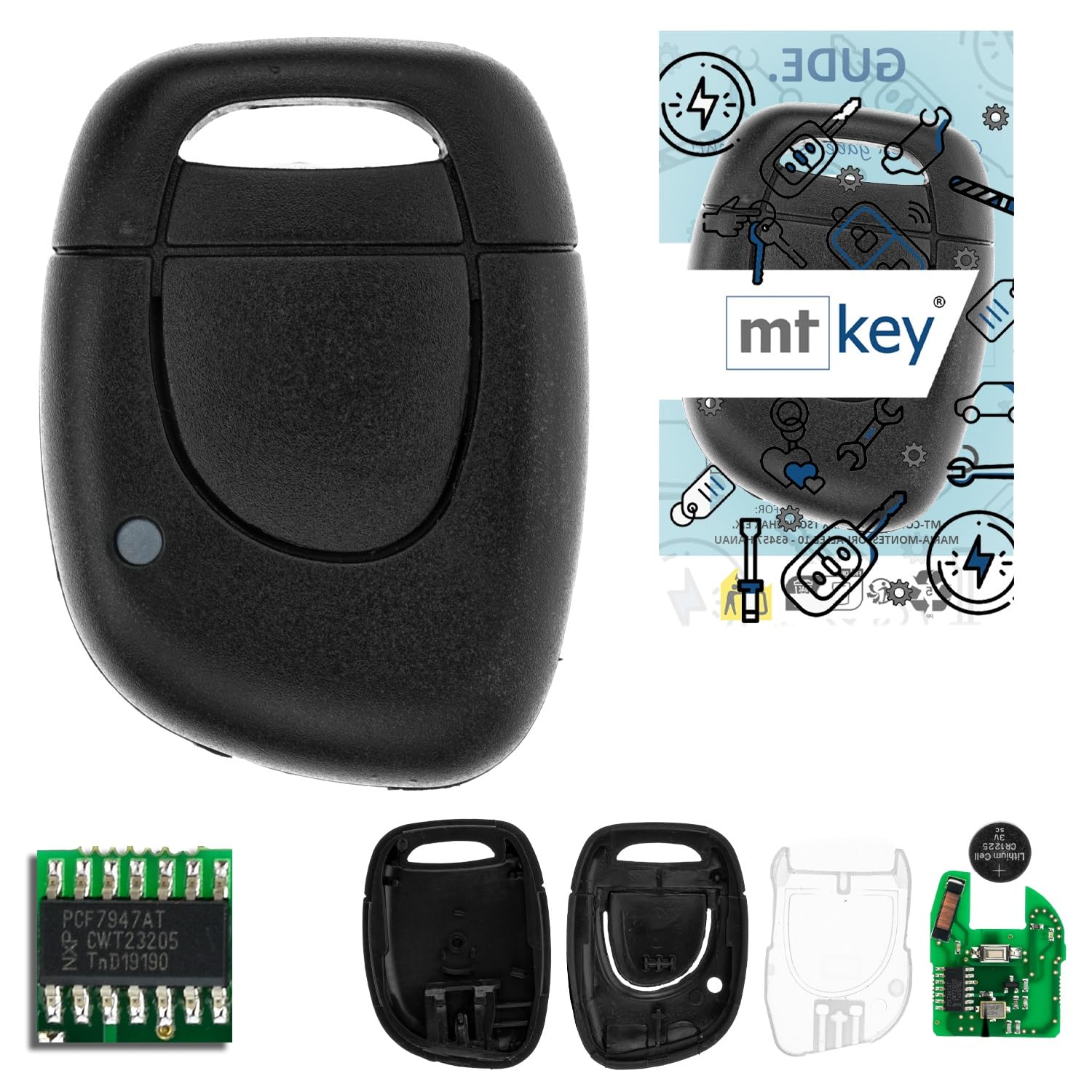 MT-KEY 2 Tasten Auto Fernbedienung 434MHZ kompatibel mit Renault Master II Clio II III Symbol Kangoo KC Twngo I Opel Movano A 433,05MHz Funk Schlüssel