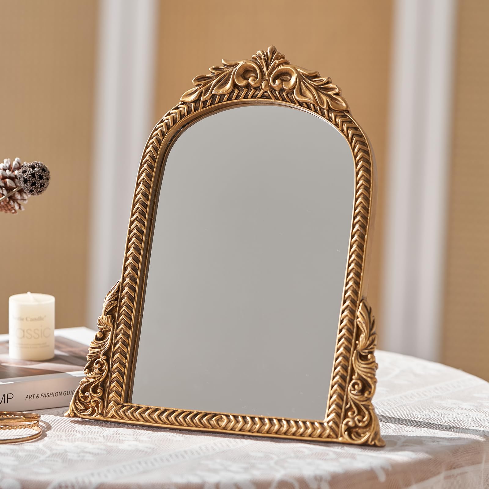 HuiDao Vintage Vanity Makeup Mirror, Antique Traditional Chic Arch Table Make Up Mirror Gold for Decor, Small Standing Mirrors Carved Arendahl for Living Room, Bedroom, Tabletop 26.7 x 30.5cm