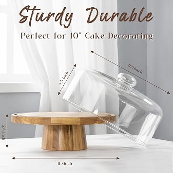 Cake Stand with Glass Lid, 12'' Cake Stands with Dome Cover, 2 in 1 Wooden Cake Stand and Charcuterie Board, Multi Purpose Cake Plate, Cake Display for Birthday Party Wedding, Baking Gifts