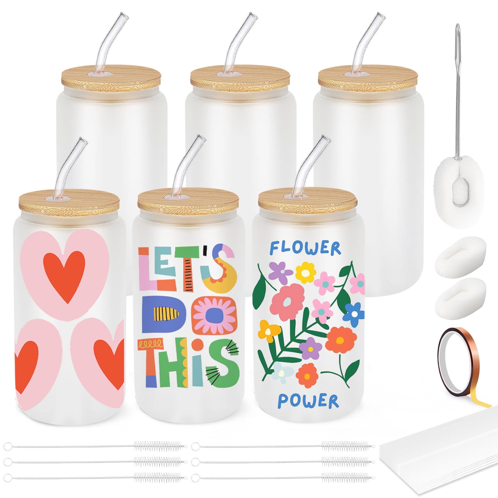 Cafultgo Sublimation Blanks Sublimation Tumblers 6 Pcs Thermal Transfer Glass Jar with Straw and Lid, Frosted Mug for Cocktails, Whiskey, Cola, Juice, Soda, Tea, Water, Gift Set