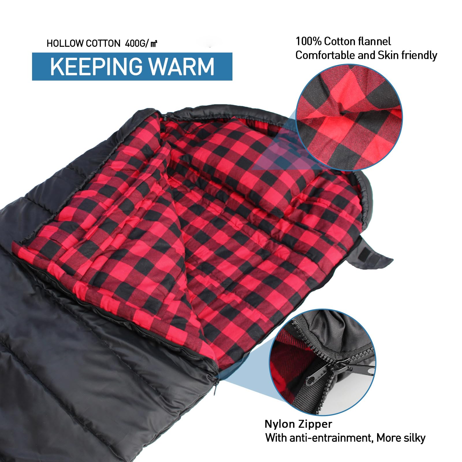 Keencamp Śpiwór outdoorowy, flanelowy, ciepły, 3-4 pory roku, bawełna, wyściółka wewnętrzna do -1°C, XXL, śpiwór koc, przenośny, lekki śpiwór zimowy, na kemping, dla dorosłych, 230 x 90 cm