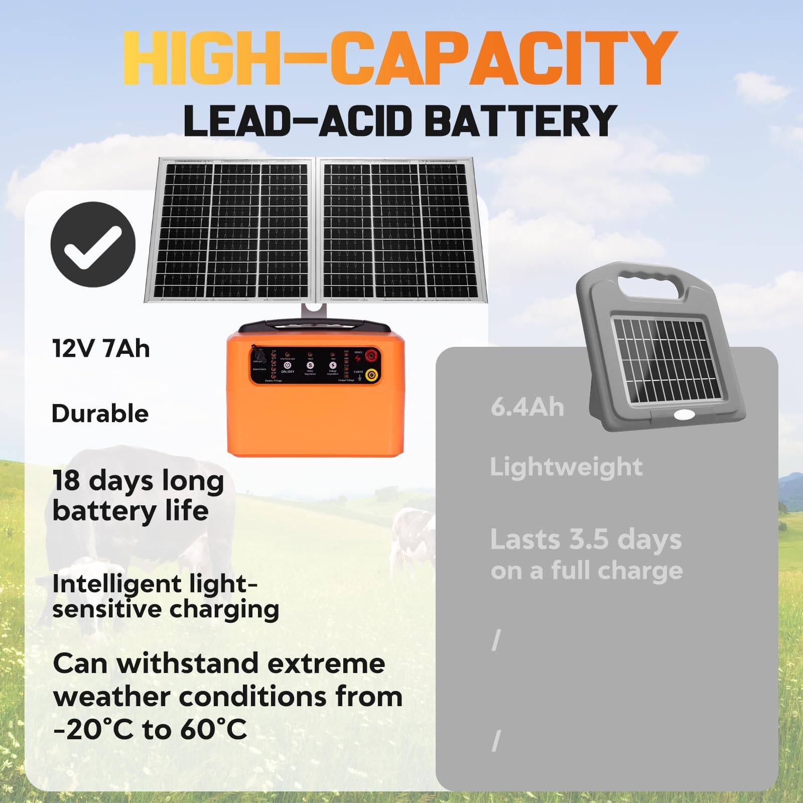48KM Clôture Électrique Solaire, 0.3-1.5J, 6-12KV Réglable ClôTure éLectrique Pour Animaux avec Panneau Solaire de 15W, 12V 7Ah batterie plomb-acide, pour berger, pour ferme, pâturage, jardin