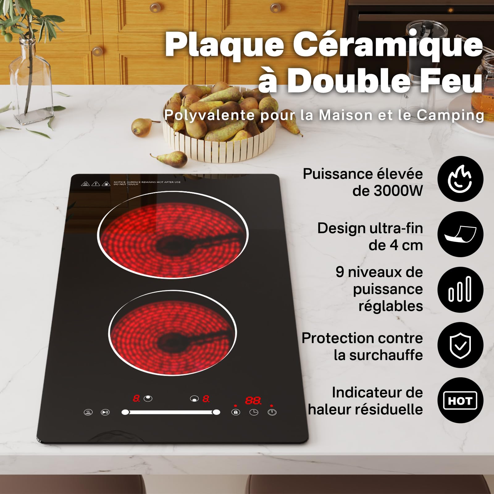 Plaque de cuisine électrique à deux feux infrarouges pour cuisiner, cuisinière de 3000 W Domino à insérer, cuisinière à deux éléments chauffants, cuisine intégrée à 230 V