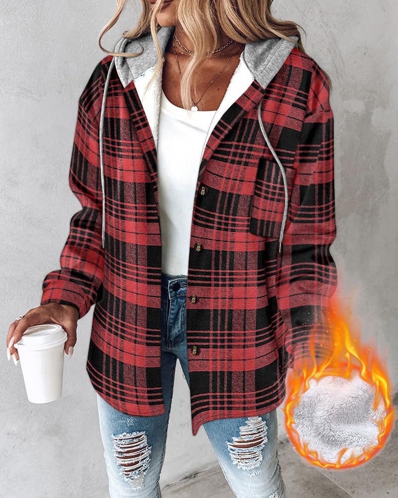 CHICME Womens Lightweight Casual Jacket Plaid Long Sleeve Shacket Fleece Lined Hooded Jackets Warm Coat - Image 3