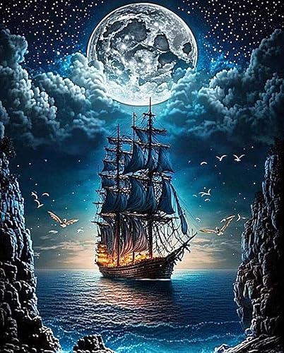 NEGHER Kits de pintura de diamantes de paisaje 5D para adultos principiantes, luna de barco de vapor, taladro redondo completo, kits de arte de